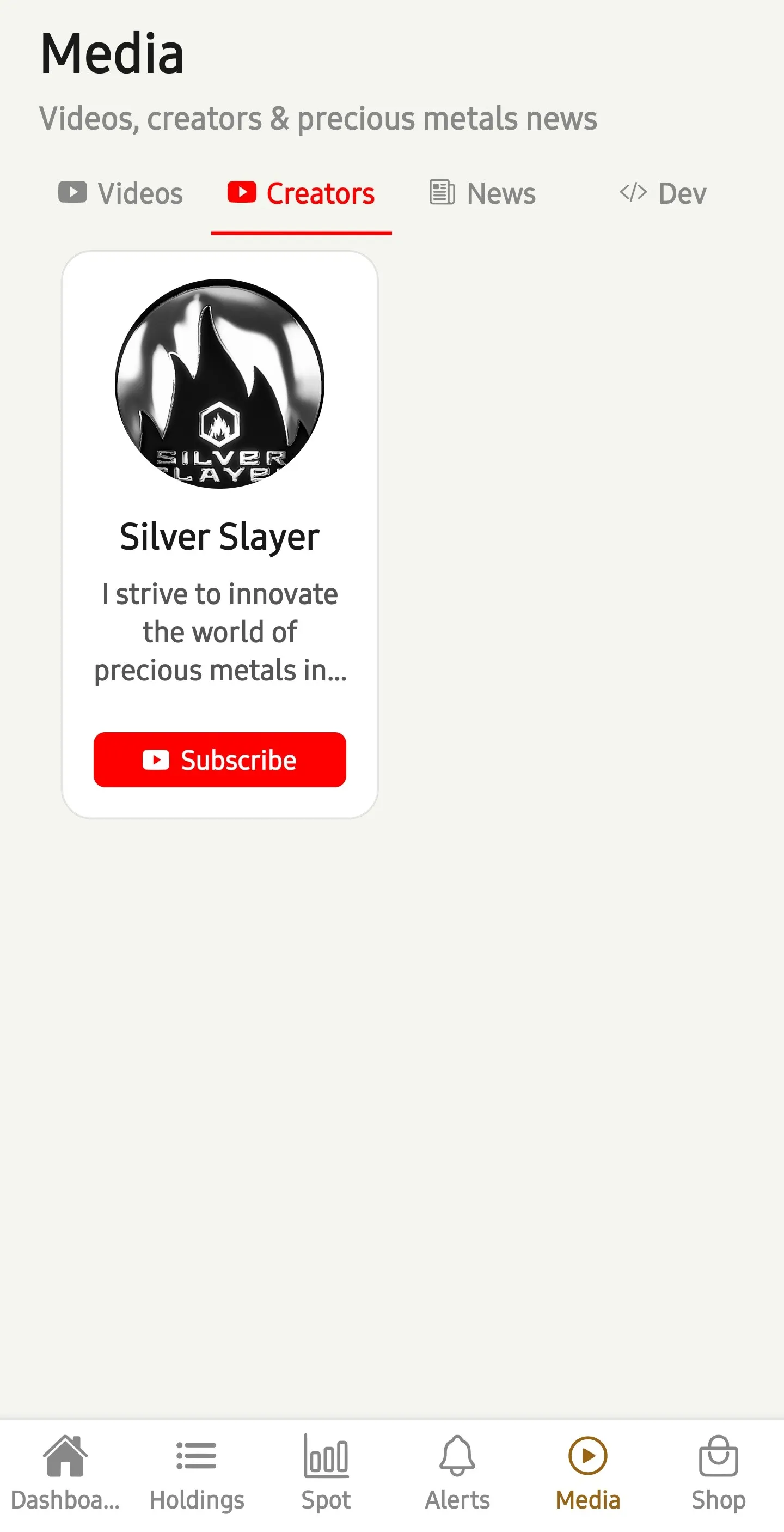 BullionTally in-app Creators tab showing a YouTube creator card with channel avatar, description and a red Subscribe button