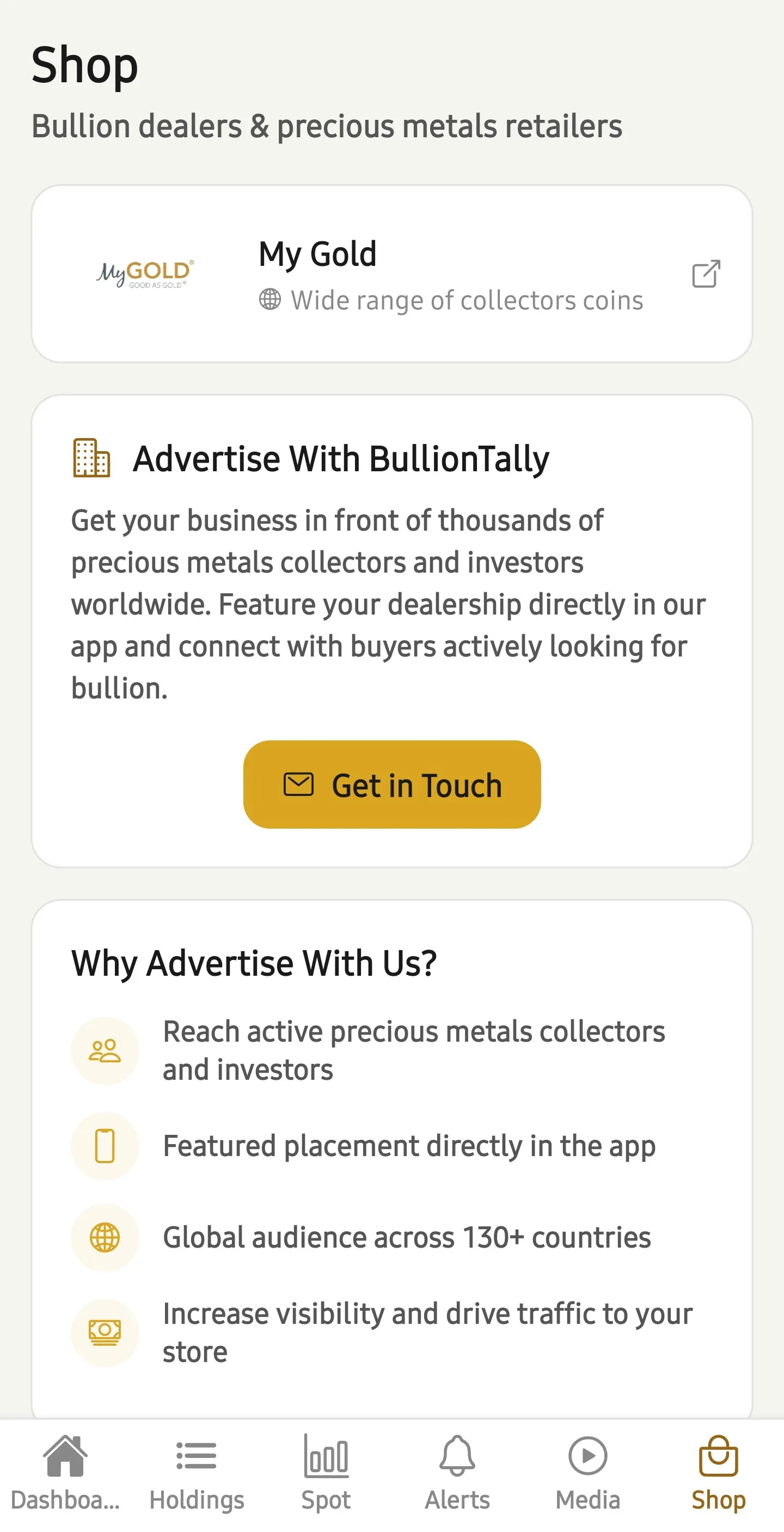 BullionTally in-app Shop tab showing a dealer listing and advertising options
