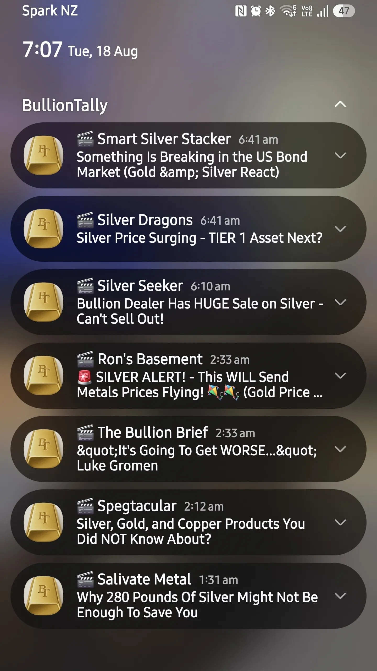 Android notification shade showing BullionTally push notifications from Smart Silver Stacker, Silver Dragons, Silver Seeker, Ron's Basement, The Bullion Brief, Spegtacular and Salivate Metal
